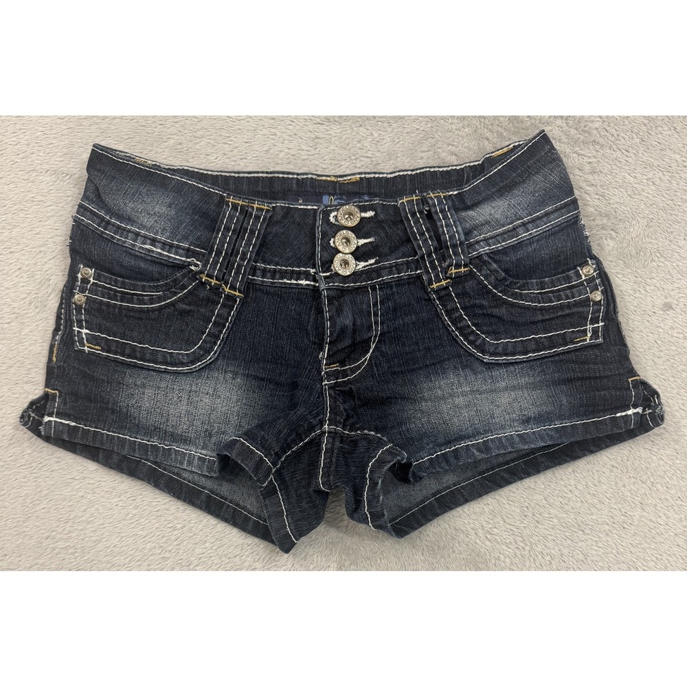 Angels Shorty Shorts Women's Blue Denim Size 3 Dark Wash Low Rise Stretch Cuffed
